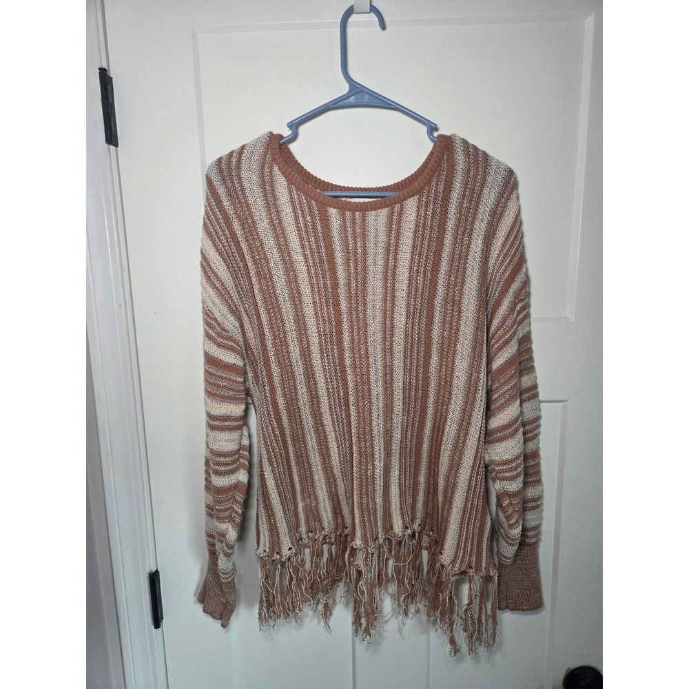 BKE Womens Brown Cream Striped Fringed Hem Knit Sweater Size Medium Boho Edgy
